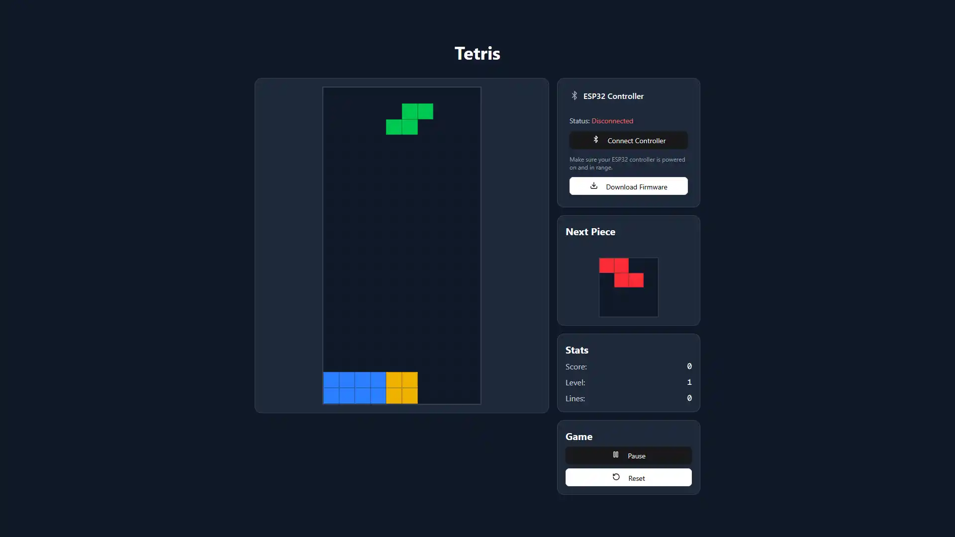 ESP-Tetris running in the browser, with the controller connection panel beside the playing field