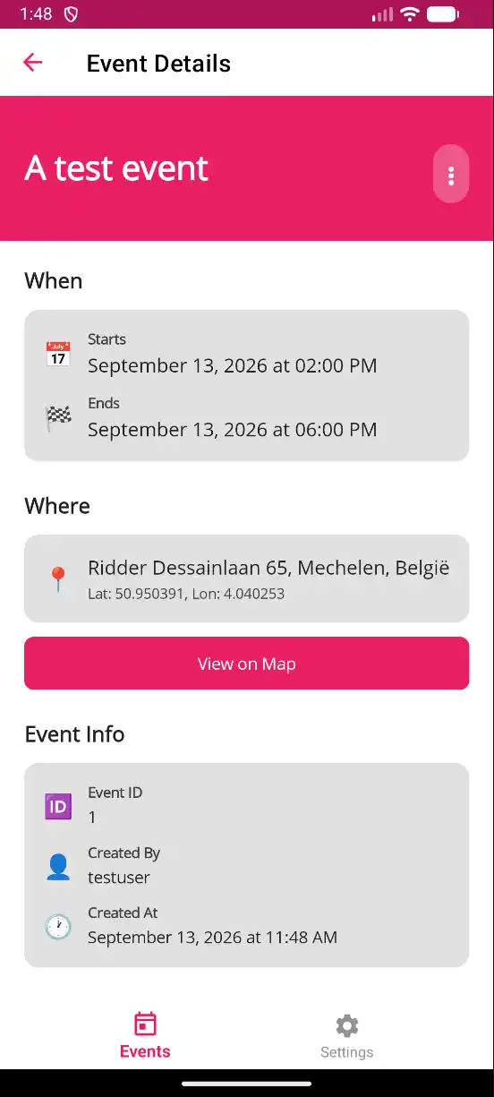 Eventy event details screen showing the date, location and organiser of an event